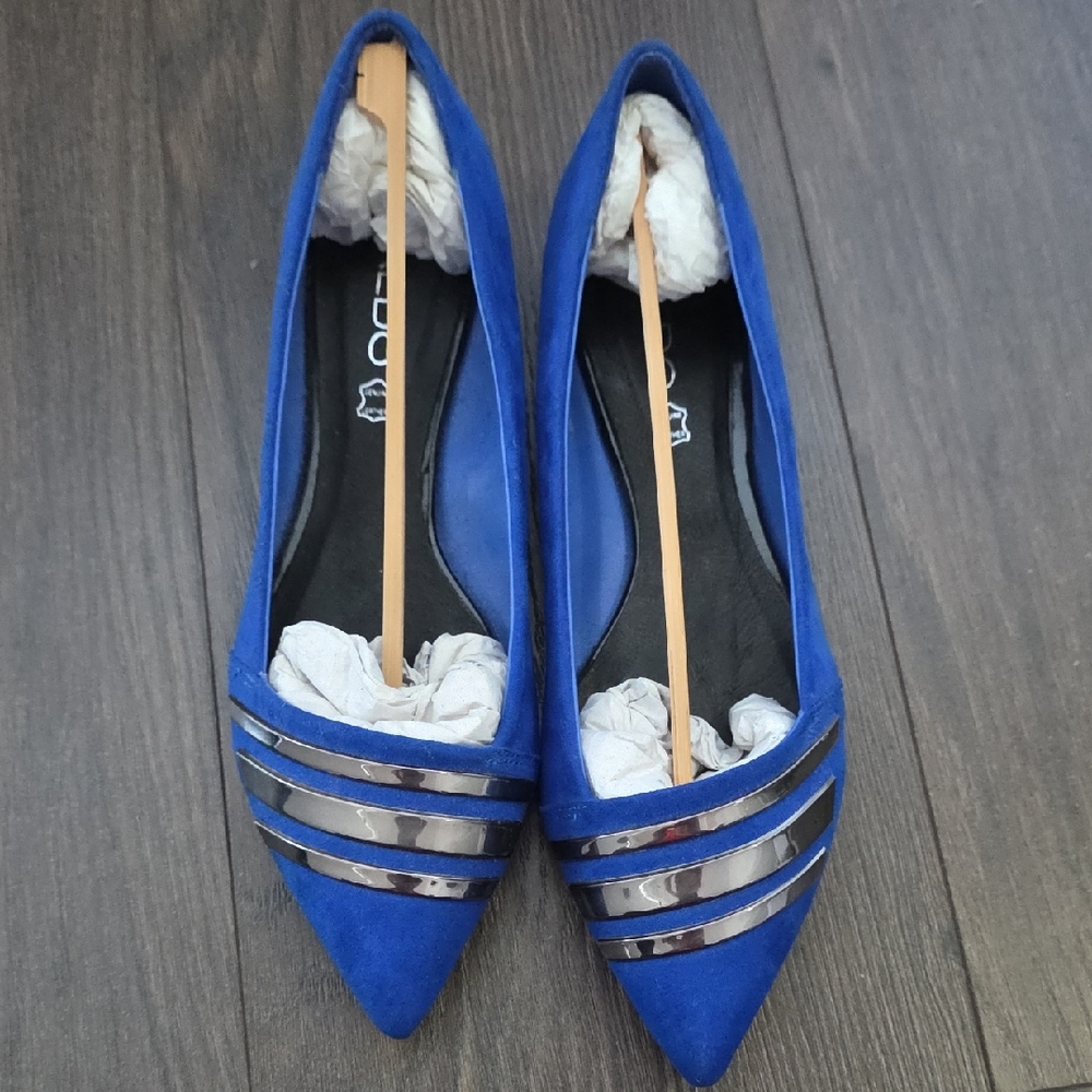 Women's Pointed Toe Blue Flats with Metallic Straps
